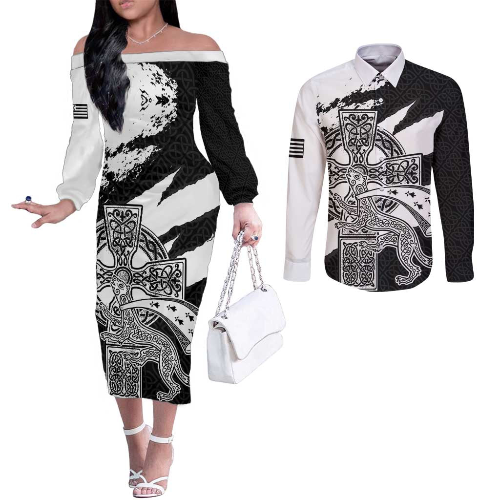 Brittany Celtic Cross Couples Matching Off The Shoulder Long Sleeve Dress and Long Sleeve Button Shirt Celtic Pattern - Wonder Print Shop