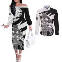 Brittany Celtic Cross Couples Matching Off The Shoulder Long Sleeve Dress and Long Sleeve Button Shirt Celtic Pattern - Wonder Print Shop