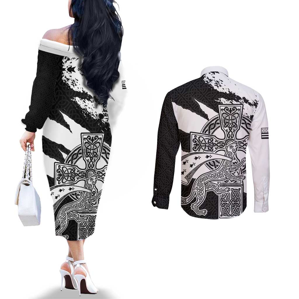 Brittany Celtic Cross Couples Matching Off The Shoulder Long Sleeve Dress and Long Sleeve Button Shirt Celtic Pattern - Wonder Print Shop