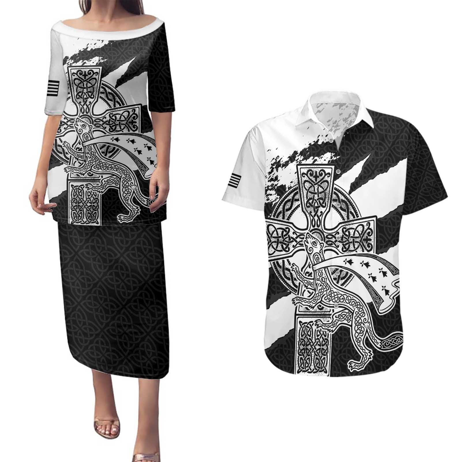 Brittany Celtic Cross Couples Matching Puletasi and Hawaiian Shirt Celtic Pattern - Wonder Print Shop