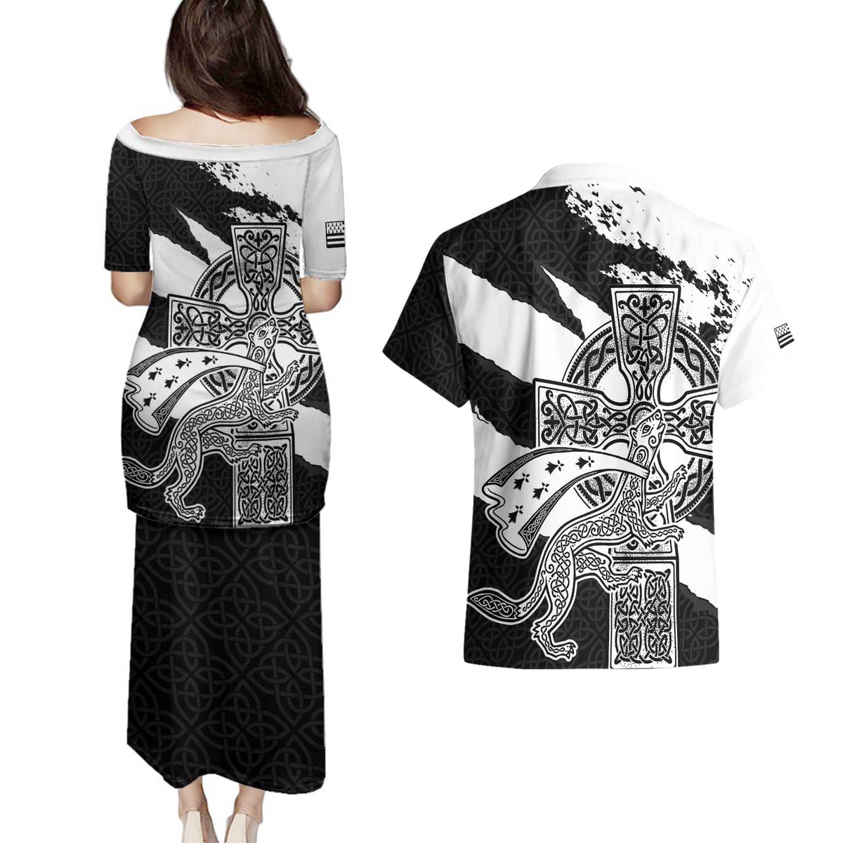 Brittany Celtic Cross Couples Matching Puletasi and Hawaiian Shirt Celtic Pattern - Wonder Print Shop