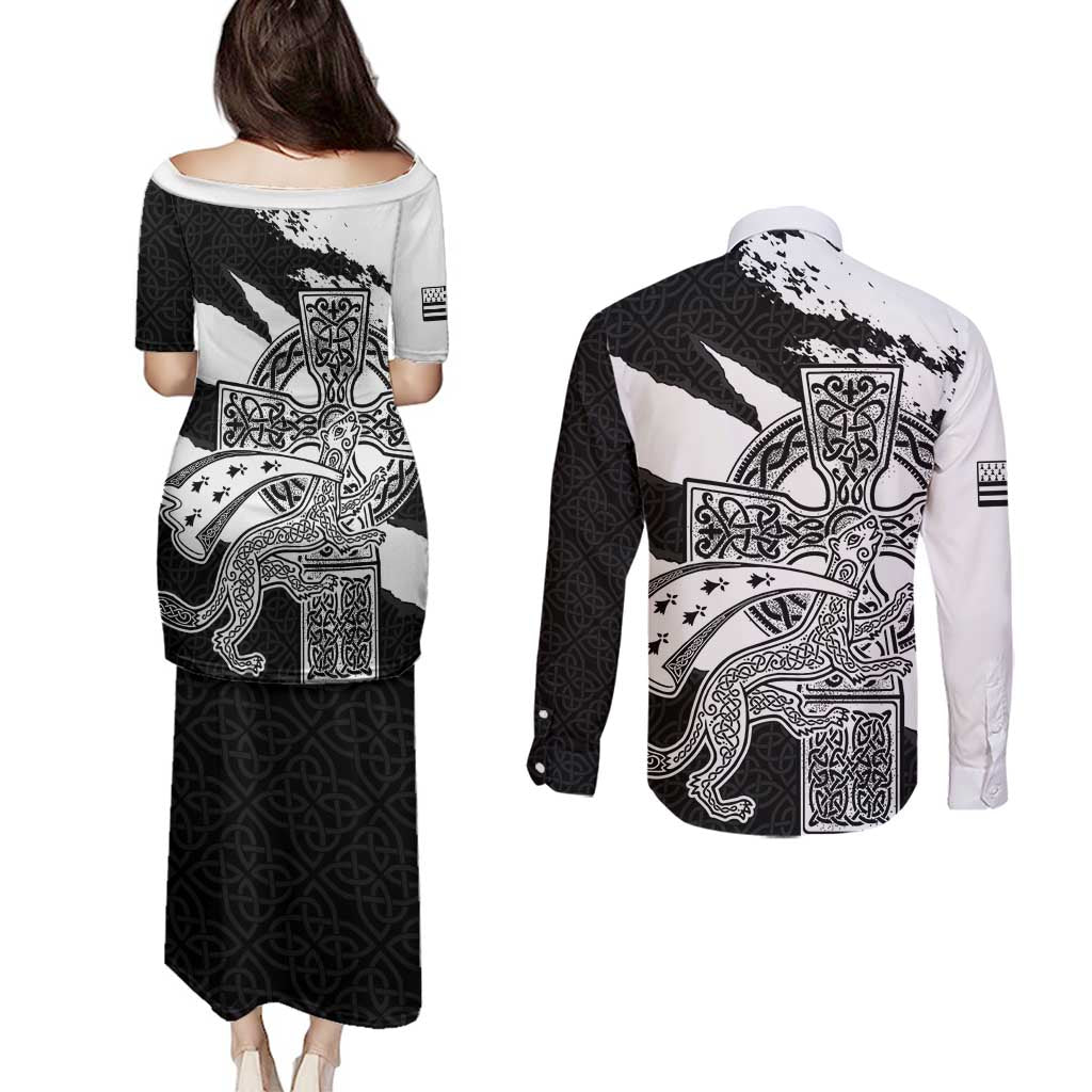 Brittany Celtic Cross Couples Matching Puletasi and Long Sleeve Button Shirt Celtic Pattern - Wonder Print Shop