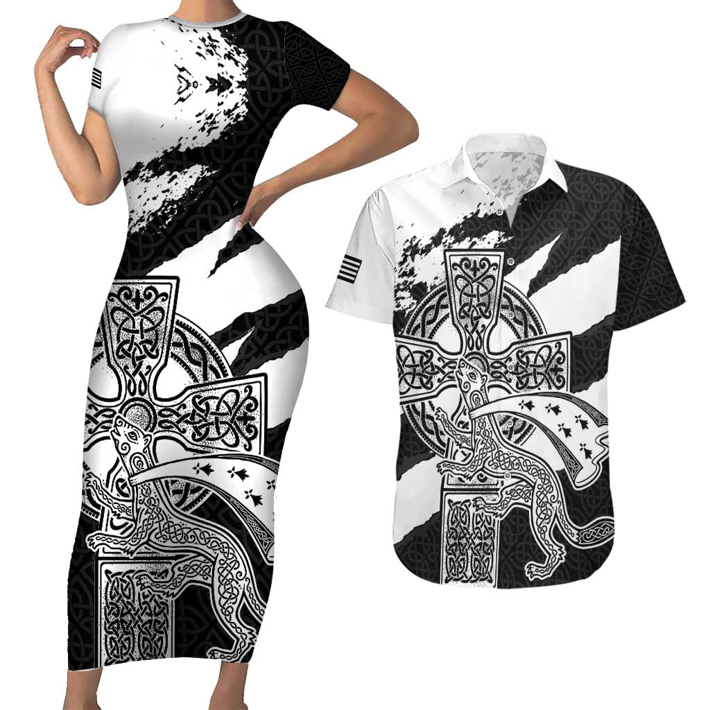 Brittany Celtic Cross Couples Matching Short Sleeve Bodycon Dress and Hawaiian Shirt Celtic Pattern - Wonder Print Shop