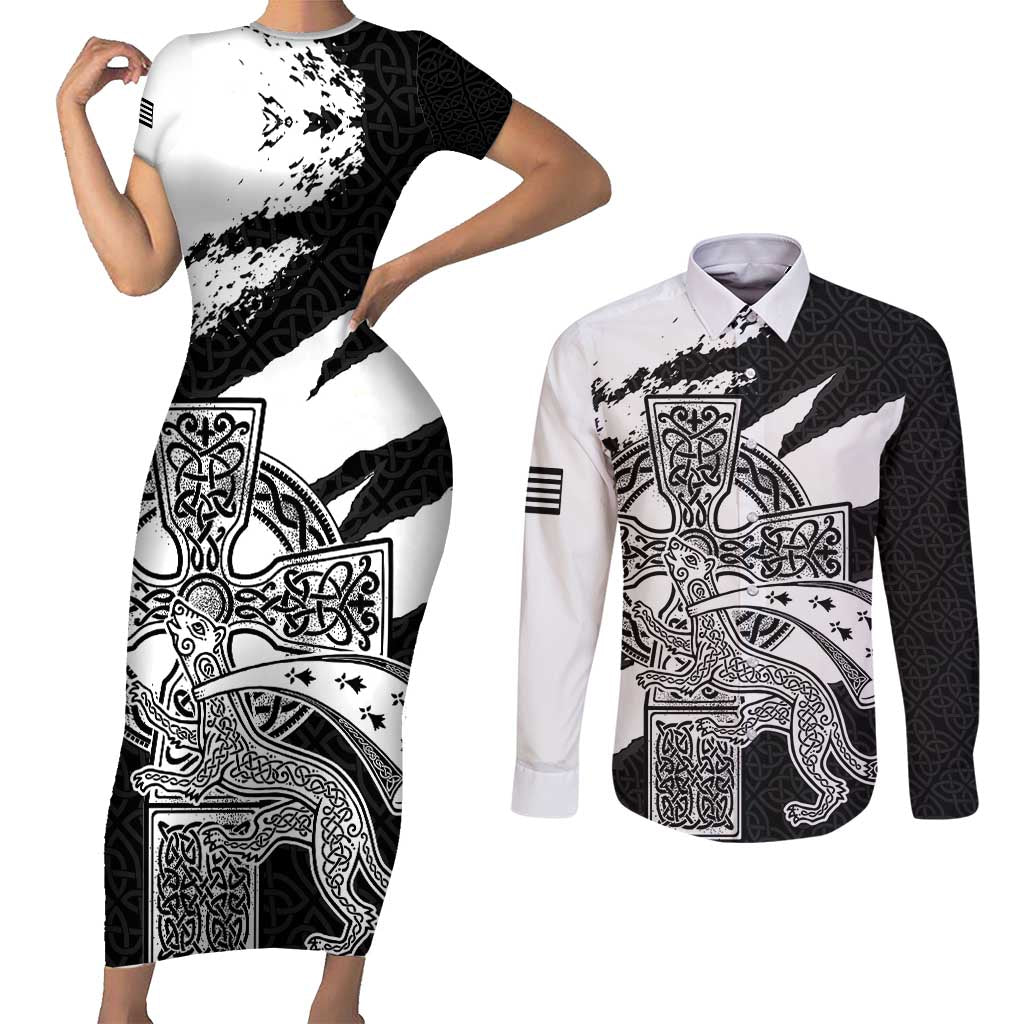 Brittany Celtic Cross Couples Matching Short Sleeve Bodycon Dress and Long Sleeve Button Shirt Celtic Pattern - Wonder Print Shop