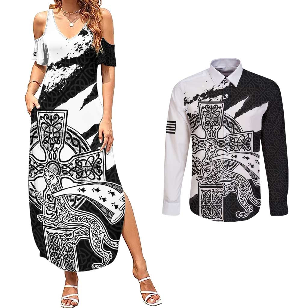 Brittany Celtic Cross Couples Matching Summer Maxi Dress and Long Sleeve Button Shirt Celtic Pattern - Wonder Print Shop