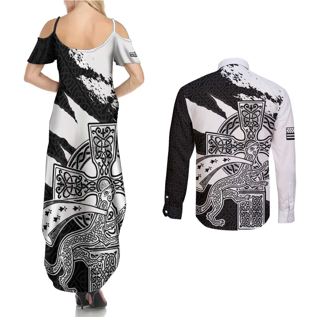 Brittany Celtic Cross Couples Matching Summer Maxi Dress and Long Sleeve Button Shirt Celtic Pattern - Wonder Print Shop