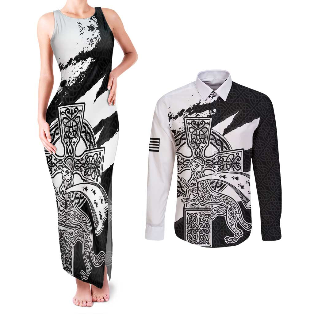 Brittany Celtic Cross Couples Matching Tank Maxi Dress and Long Sleeve Button Shirt Celtic Pattern - Wonder Print Shop
