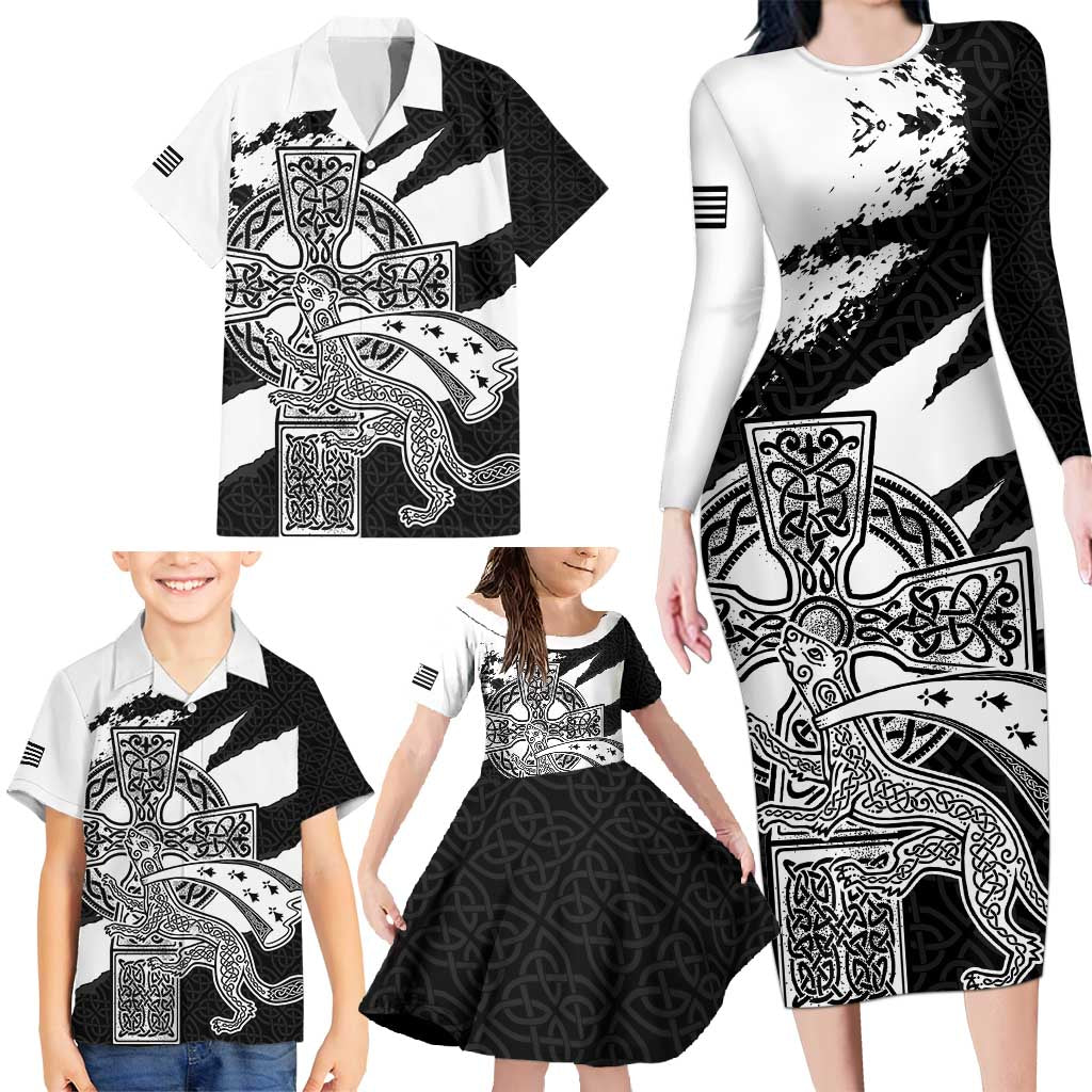 Brittany Celtic Cross Family Matching Long Sleeve Bodycon Dress and Hawaiian Shirt Celtic Pattern - Wonder Print Shop