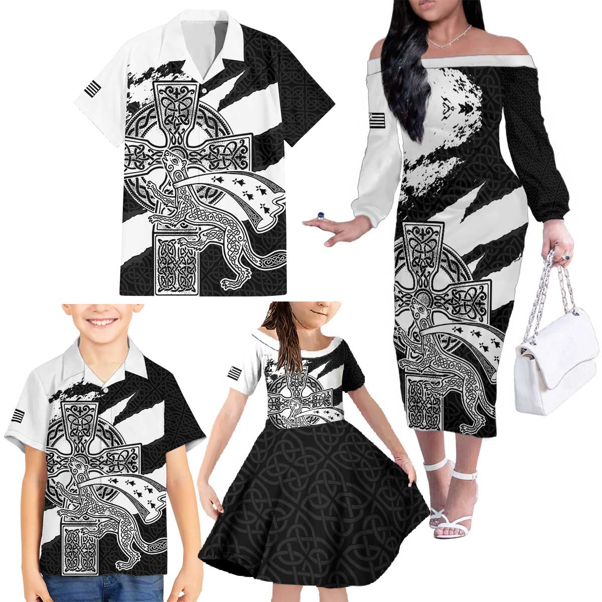 Brittany Celtic Cross Family Matching Off The Shoulder Long Sleeve Dress and Hawaiian Shirt Celtic Pattern - Wonder Print Shop