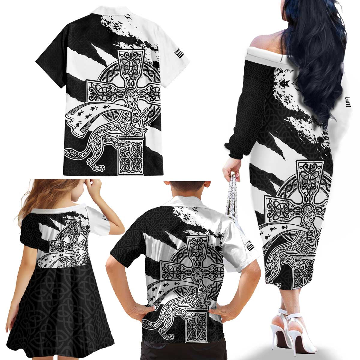 Brittany Celtic Cross Family Matching Off The Shoulder Long Sleeve Dress and Hawaiian Shirt Celtic Pattern - Wonder Print Shop