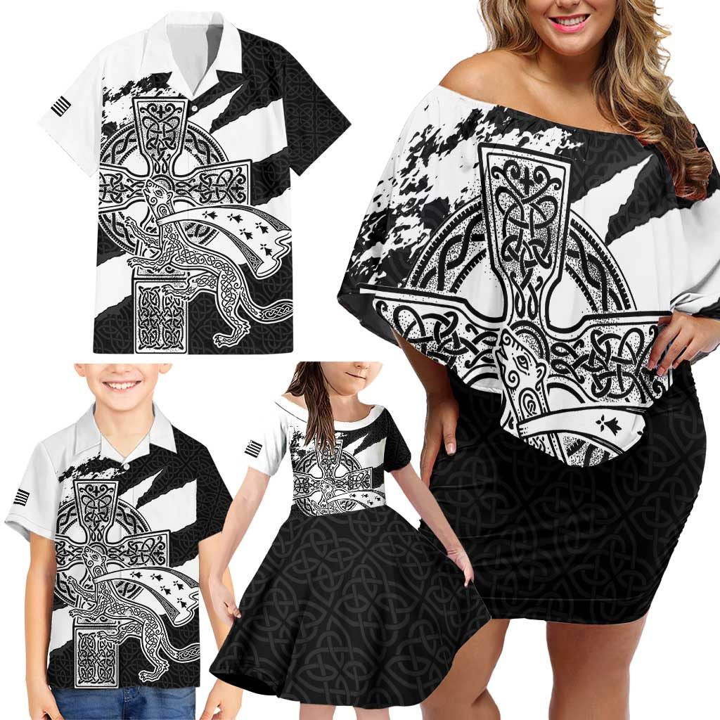 Brittany Celtic Cross Family Matching Off Shoulder Short Dress and Hawaiian Shirt Celtic Pattern - Wonder Print Shop