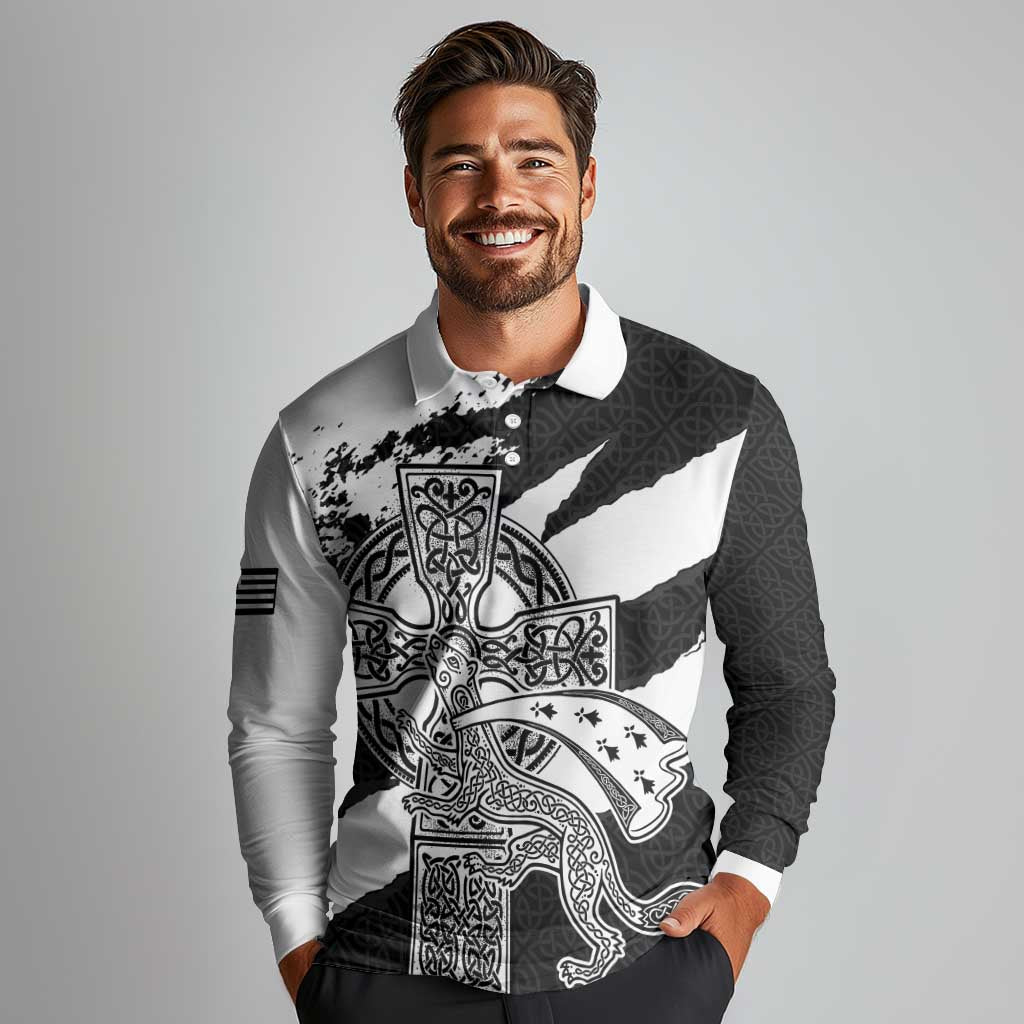 Brittany Celtic Cross Long Sleeve Polo Shirt Celtic Pattern - Wonder Print Shop
