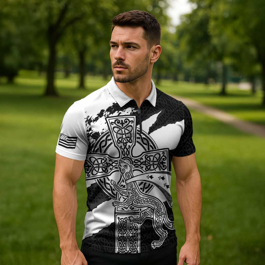 Brittany Celtic Cross Zipper Polo Shirt Celtic Pattern - Wonder Print Shop