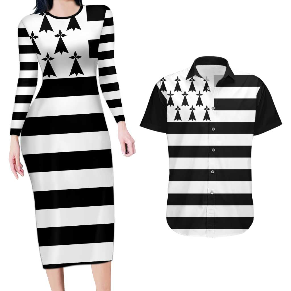 Brittany Flag Style Couples Matching Long Sleeve Bodycon Dress and Hawaiian Shirt Kentoch Mervel Eget Bezan Saotret - Wonder Print Shop