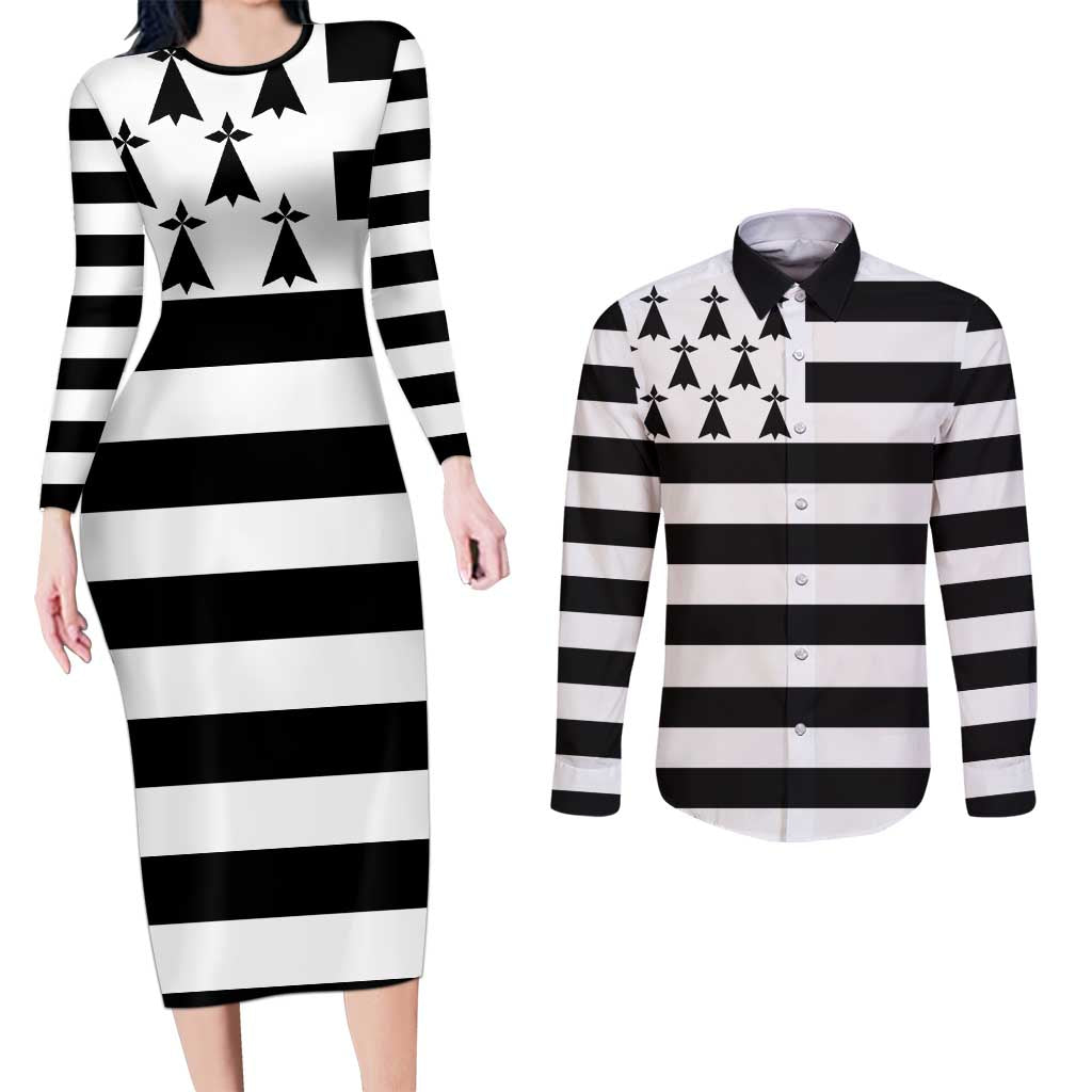 Brittany Flag Style Couples Matching Long Sleeve Bodycon Dress and Long Sleeve Button Shirt Kentoch Mervel Eget Bezan Saotret - Wonder Print Shop