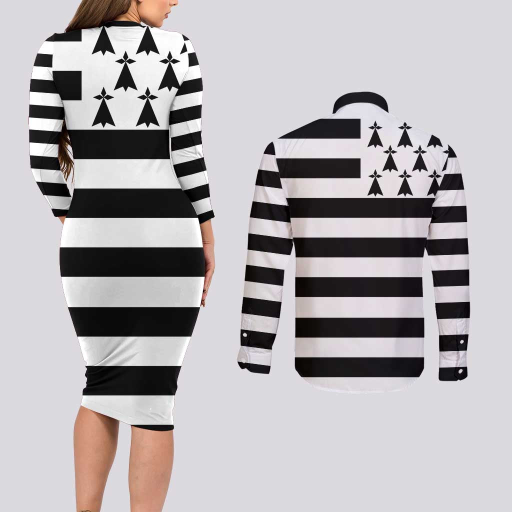 Brittany Flag Style Couples Matching Long Sleeve Bodycon Dress and Long Sleeve Button Shirt Kentoch Mervel Eget Bezan Saotret - Wonder Print Shop