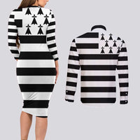 Brittany Flag Style Couples Matching Long Sleeve Bodycon Dress and Long Sleeve Button Shirt Kentoch Mervel Eget Bezan Saotret - Wonder Print Shop