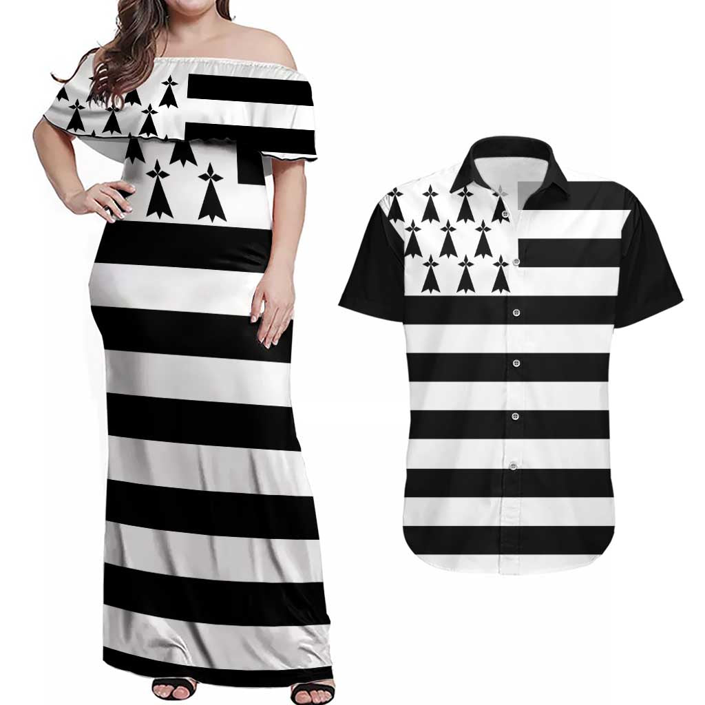Brittany Flag Style Couples Matching Off Shoulder Maxi Dress and Hawaiian Shirt Kentoch Mervel Eget Bezan Saotret - Wonder Print Shop