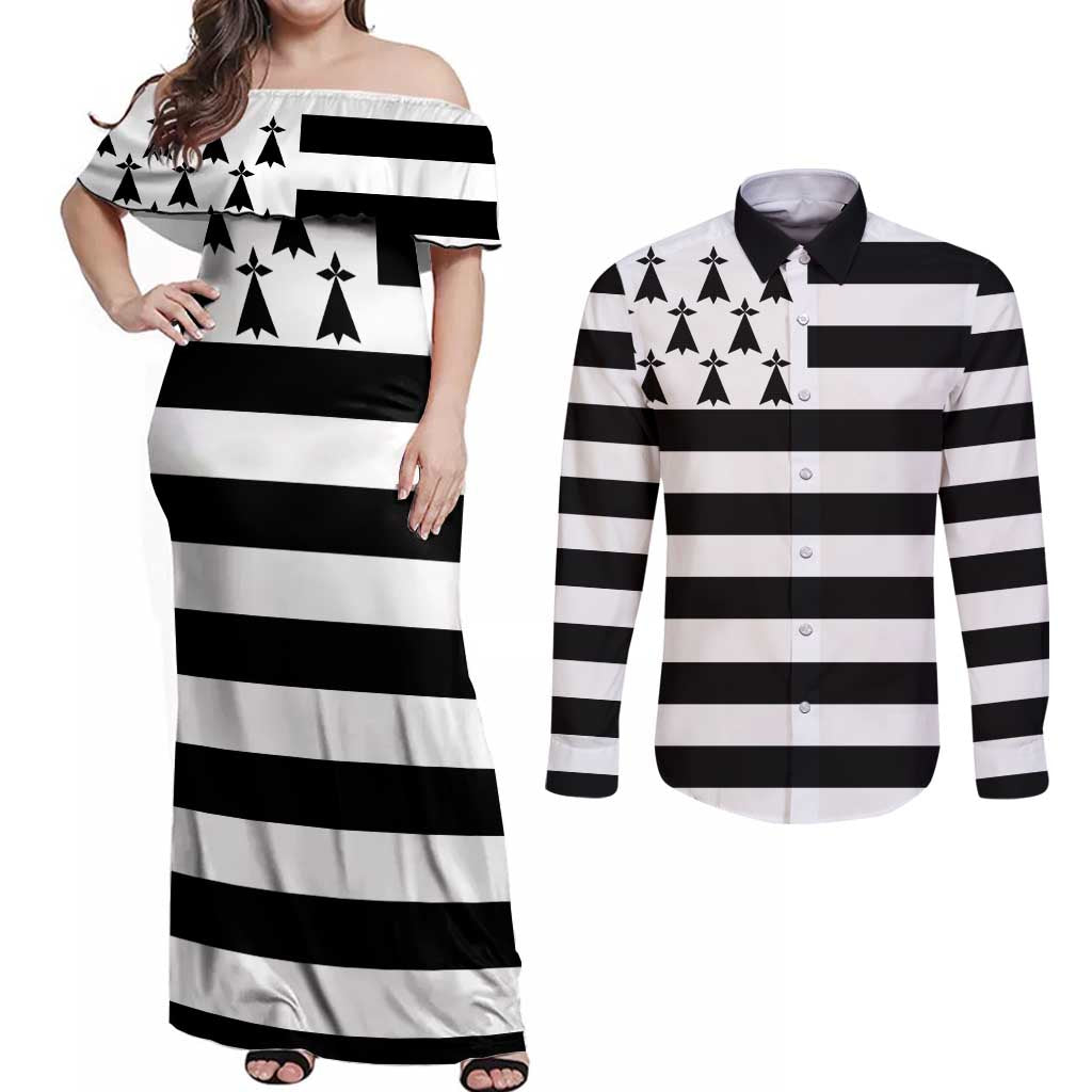 Brittany Flag Style Couples Matching Off Shoulder Maxi Dress and Long Sleeve Button Shirt Kentoch Mervel Eget Bezan Saotret - Wonder Print Shop