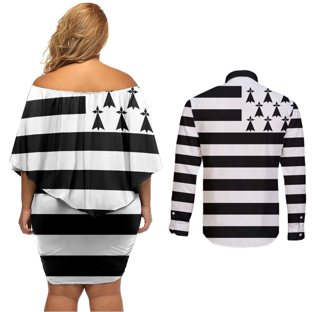 Brittany Flag Style Couples Matching Off Shoulder Short Dress and Long Sleeve Button Shirt Kentoch Mervel Eget Bezan Saotret - Wonder Print Shop