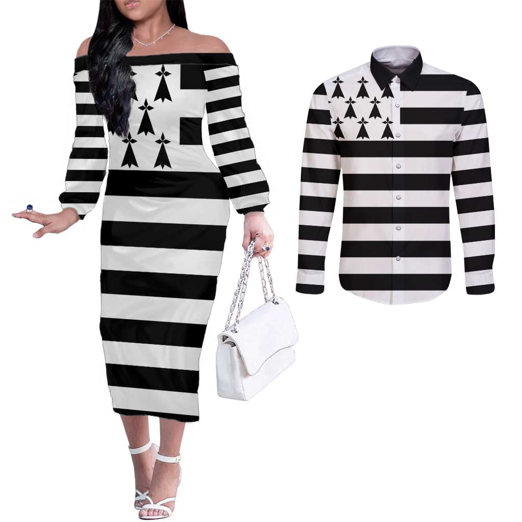 Brittany Flag Style Couples Matching Off The Shoulder Long Sleeve Dress and Long Sleeve Button Shirt Kentoch Mervel Eget Bezan Saotret - Wonder Print Shop