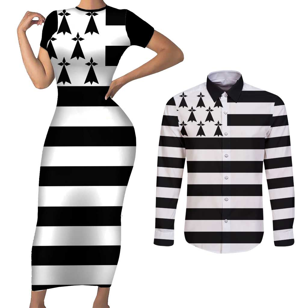 Brittany Flag Style Couples Matching Short Sleeve Bodycon Dress and Long Sleeve Button Shirt Kentoch Mervel Eget Bezan Saotret - Wonder Print Shop