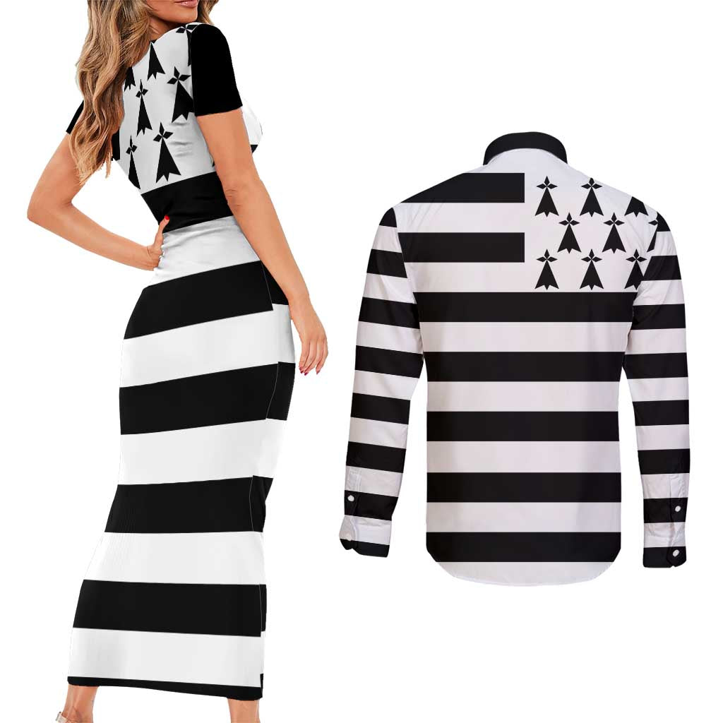 Brittany Flag Style Couples Matching Short Sleeve Bodycon Dress and Long Sleeve Button Shirt Kentoch Mervel Eget Bezan Saotret - Wonder Print Shop