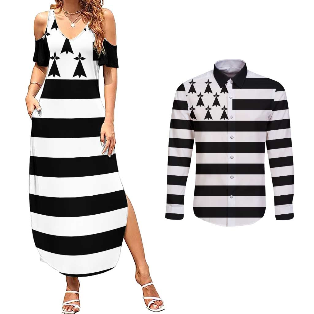 Brittany Flag Style Couples Matching Summer Maxi Dress and Long Sleeve Button Shirt Kentoch Mervel Eget Bezan Saotret - Wonder Print Shop