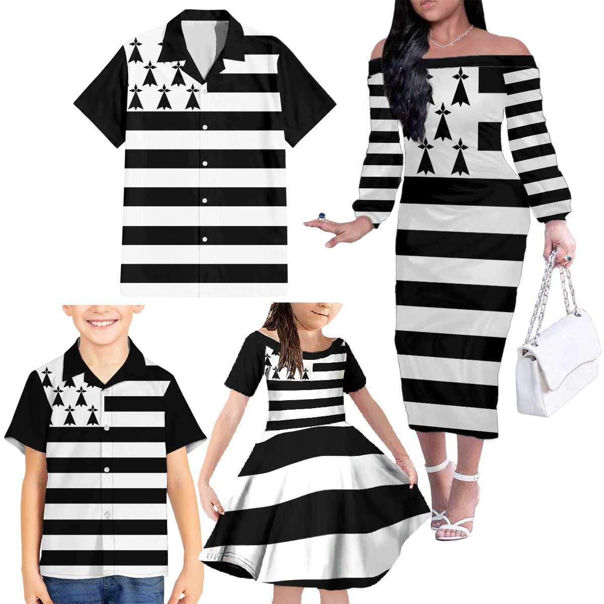Brittany Flag Style Family Matching Off The Shoulder Long Sleeve Dress and Hawaiian Shirt Kentoch Mervel Eget Bezan Saotret - Wonder Print Shop