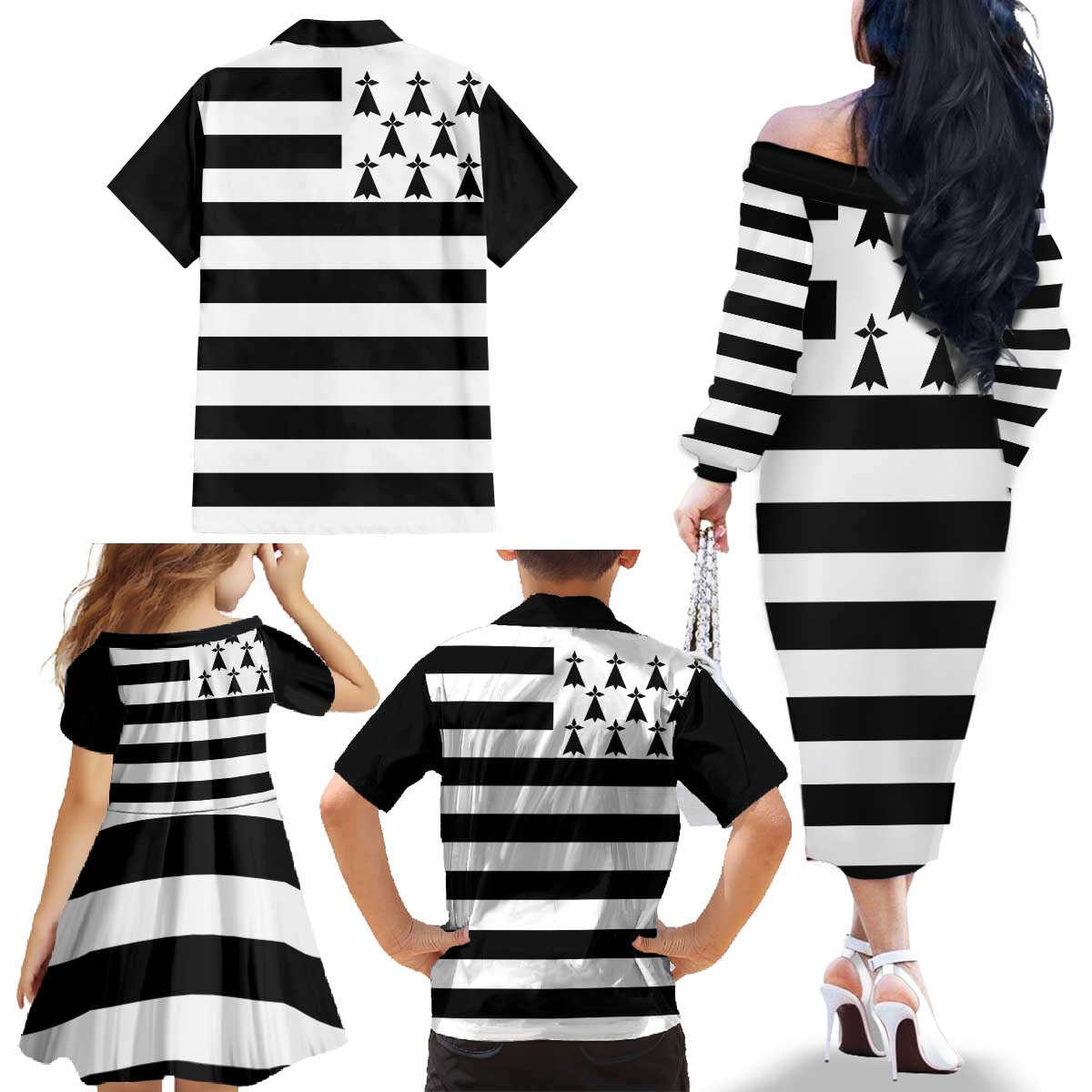 Brittany Flag Style Family Matching Off The Shoulder Long Sleeve Dress and Hawaiian Shirt Kentoch Mervel Eget Bezan Saotret - Wonder Print Shop
