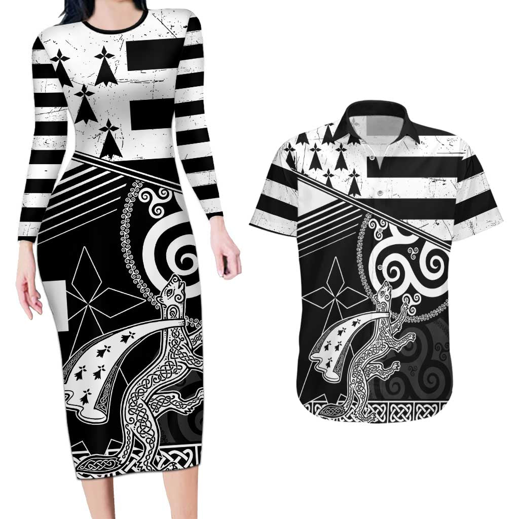 Brittany Ermine Celtic Couples Matching Long Sleeve Bodycon Dress and Hawaiian Shirt Black Celtic Triskels - Wonder Print Shop