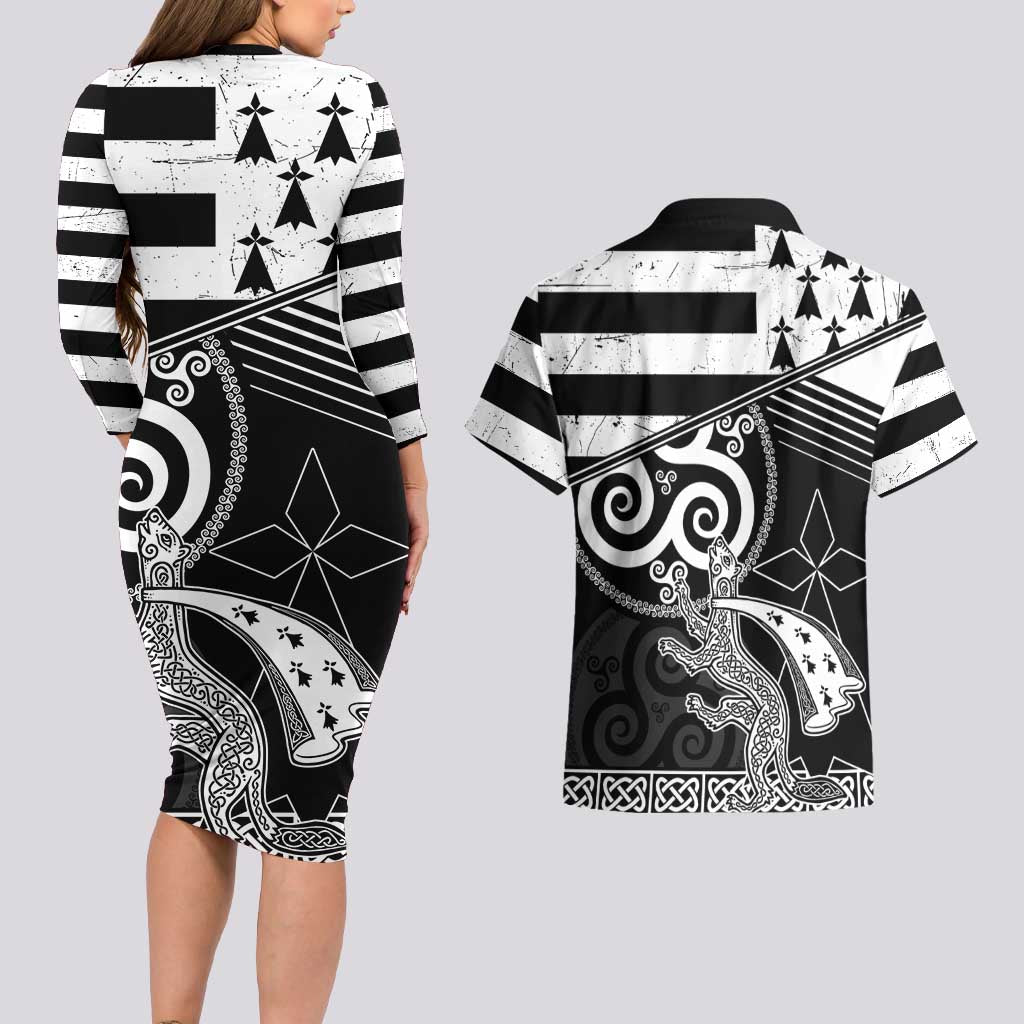 Brittany Ermine Celtic Couples Matching Long Sleeve Bodycon Dress and Hawaiian Shirt Black Celtic Triskels - Wonder Print Shop