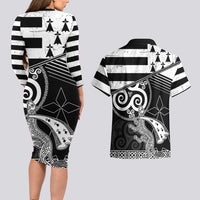 Brittany Ermine Celtic Couples Matching Long Sleeve Bodycon Dress and Hawaiian Shirt Black Celtic Triskels - Wonder Print Shop
