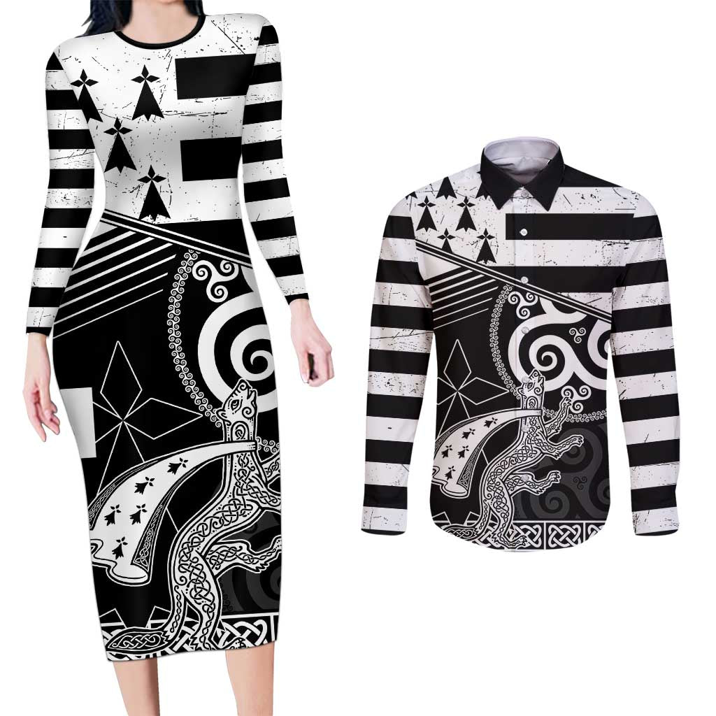 Brittany Ermine Celtic Couples Matching Long Sleeve Bodycon Dress and Long Sleeve Button Shirt Black Celtic Triskels - Wonder Print Shop