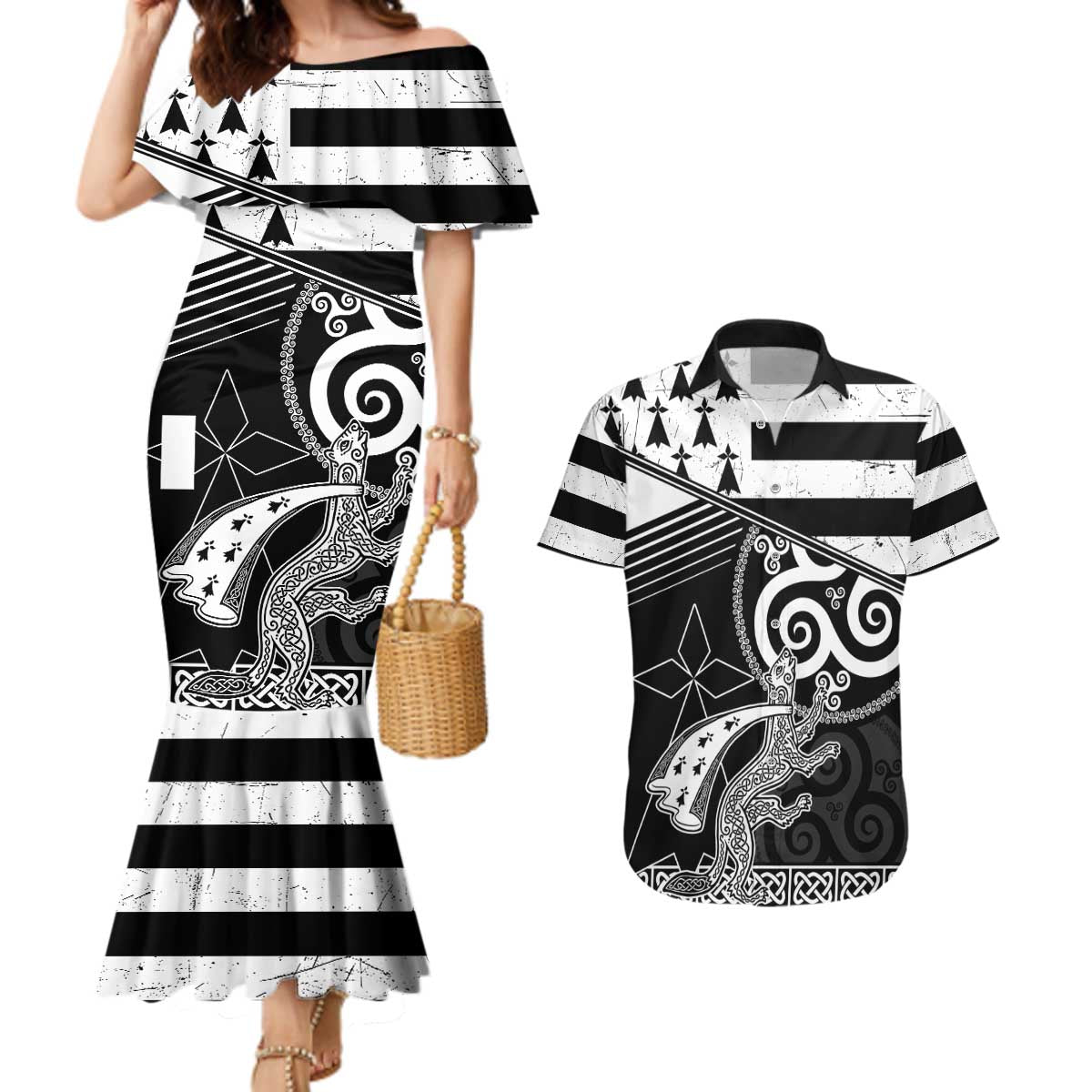 Brittany Ermine Celtic Couples Matching Mermaid Dress and Hawaiian Shirt Black Celtic Triskels - Wonder Print Shop