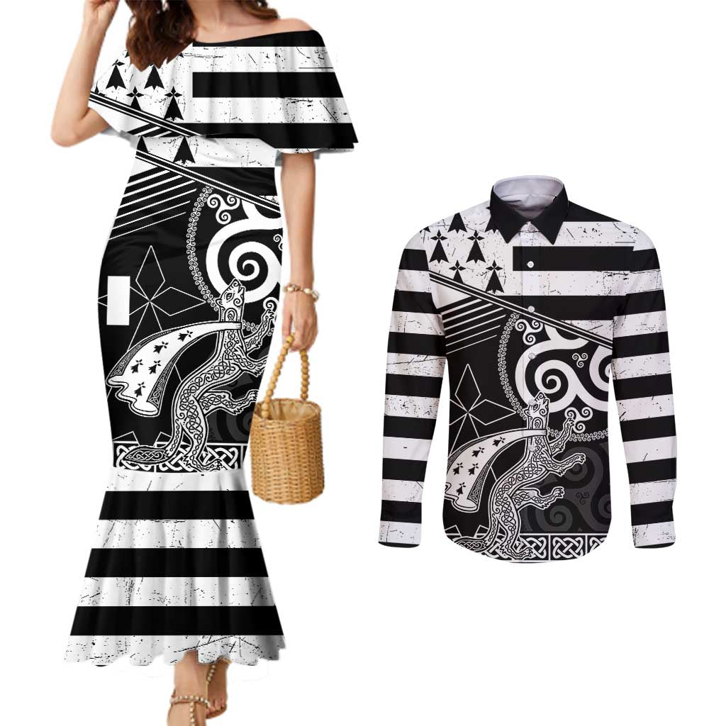 Brittany Ermine Celtic Couples Matching Mermaid Dress and Long Sleeve Button Shirt Black Celtic Triskels - Wonder Print Shop