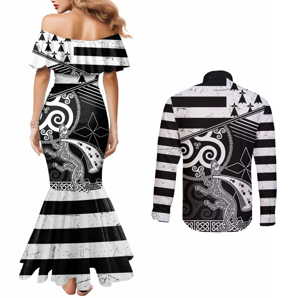 Brittany Ermine Celtic Couples Matching Mermaid Dress and Long Sleeve Button Shirt Black Celtic Triskels - Wonder Print Shop