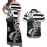 Brittany Ermine Celtic Couples Matching Off Shoulder Maxi Dress and Hawaiian Shirt Black Celtic Triskels - Wonder Print Shop