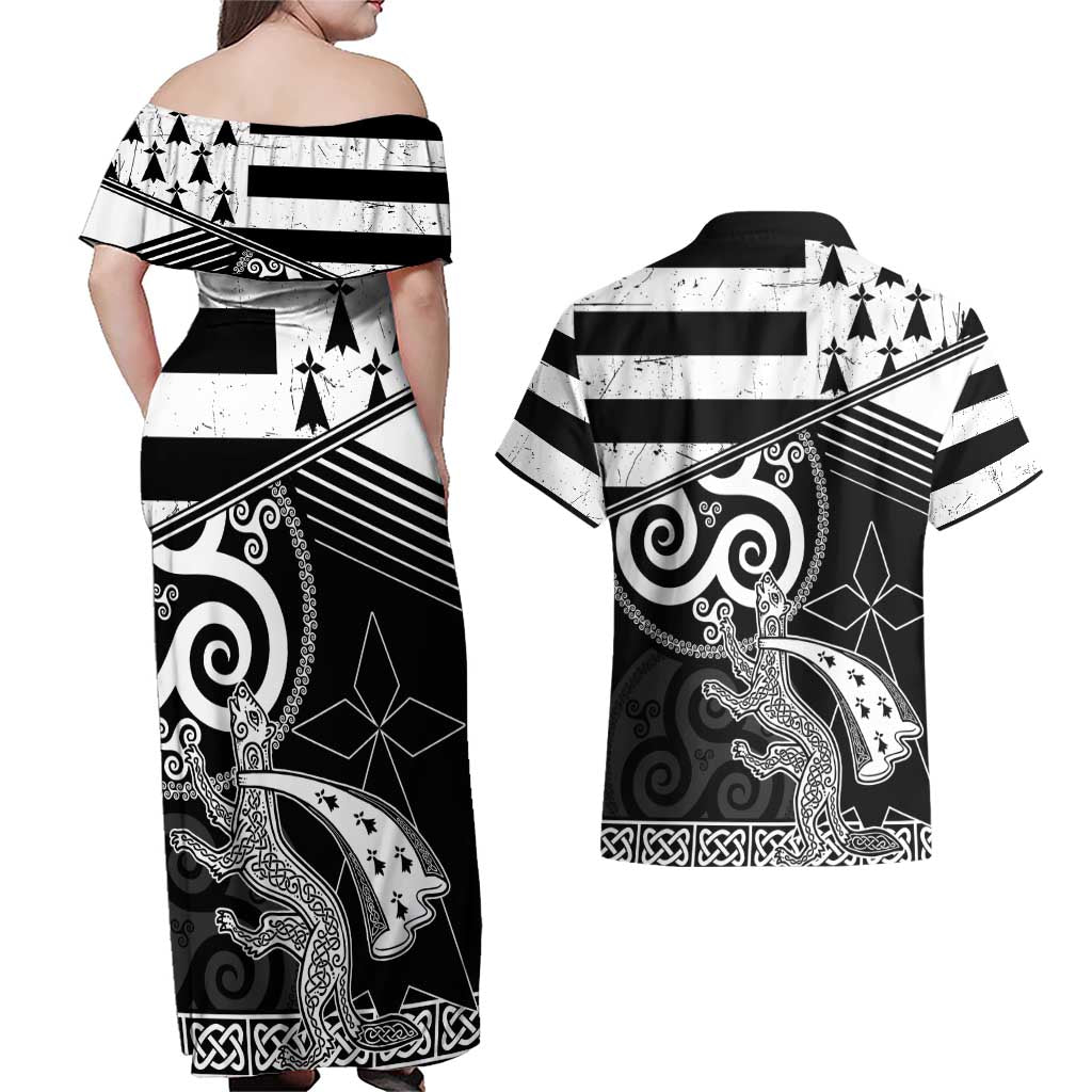 Brittany Ermine Celtic Couples Matching Off Shoulder Maxi Dress and Hawaiian Shirt Black Celtic Triskels - Wonder Print Shop