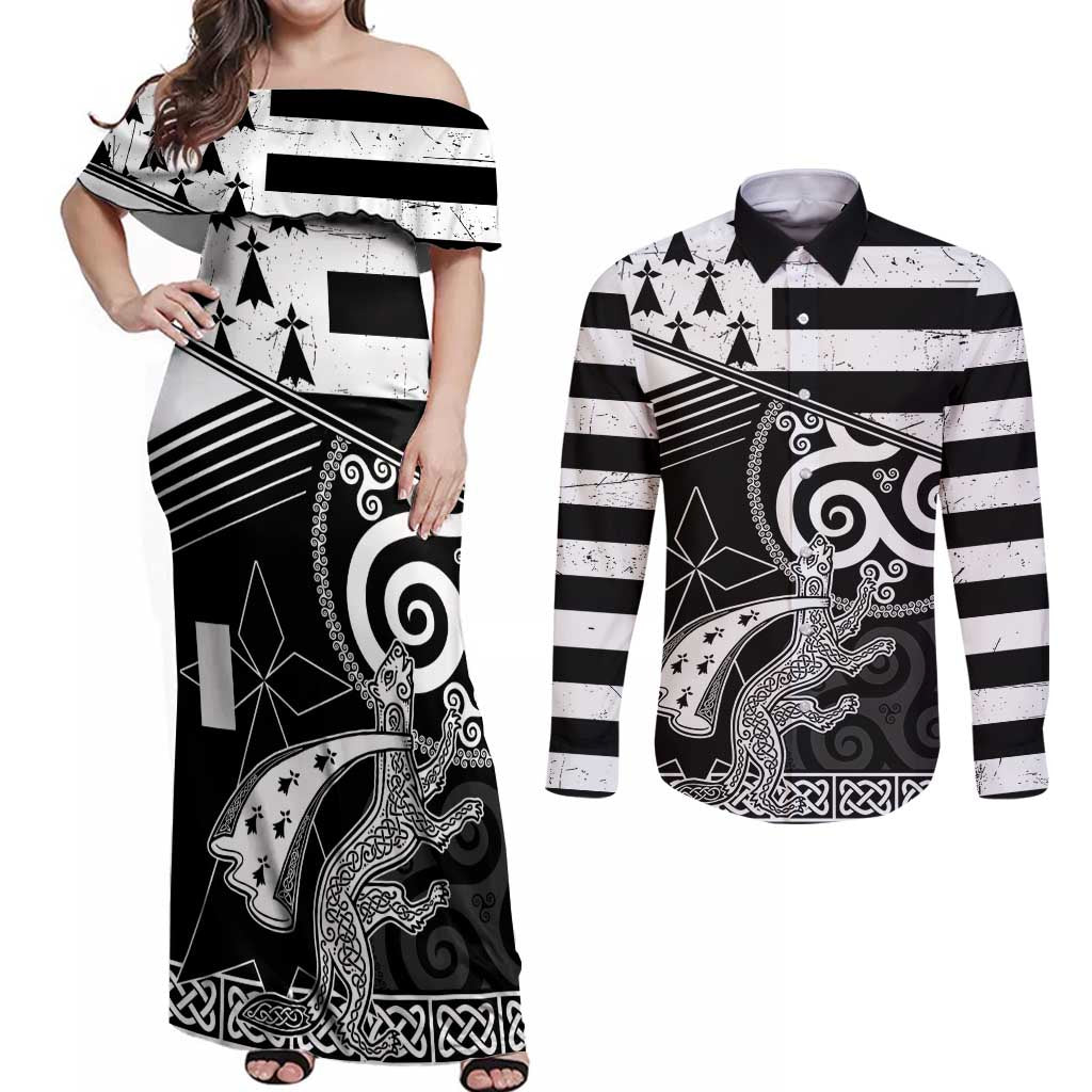 Brittany Ermine Celtic Couples Matching Off Shoulder Maxi Dress and Long Sleeve Button Shirt Black Celtic Triskels - Wonder Print Shop