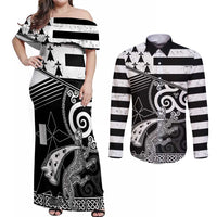 Brittany Ermine Celtic Couples Matching Off Shoulder Maxi Dress and Long Sleeve Button Shirt Black Celtic Triskels - Wonder Print Shop