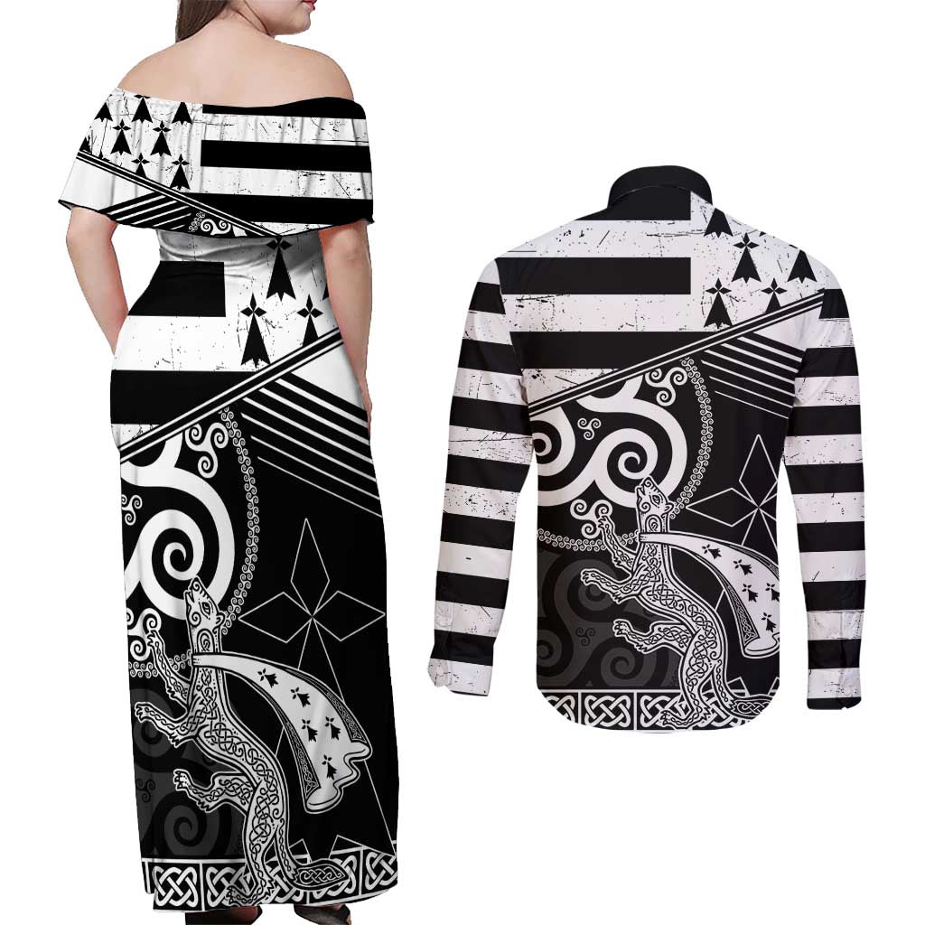 Brittany Ermine Celtic Couples Matching Off Shoulder Maxi Dress and Long Sleeve Button Shirt Black Celtic Triskels - Wonder Print Shop