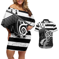 Brittany Ermine Celtic Couples Matching Off Shoulder Short Dress and Hawaiian Shirt Black Celtic Triskels - Wonder Print Shop