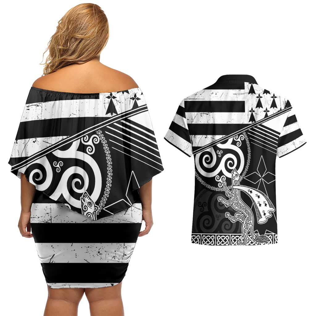 Brittany Ermine Celtic Couples Matching Off Shoulder Short Dress and Hawaiian Shirt Black Celtic Triskels - Wonder Print Shop
