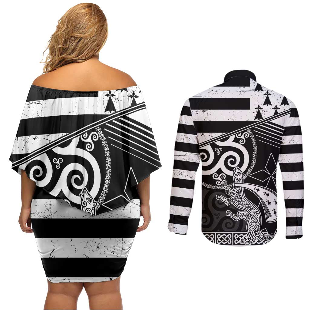 Brittany Ermine Celtic Couples Matching Off Shoulder Short Dress and Long Sleeve Button Shirt Black Celtic Triskels - Wonder Print Shop
