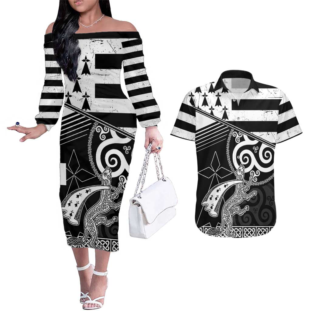 Brittany Ermine Celtic Couples Matching Off The Shoulder Long Sleeve Dress and Hawaiian Shirt Black Celtic Triskels - Wonder Print Shop