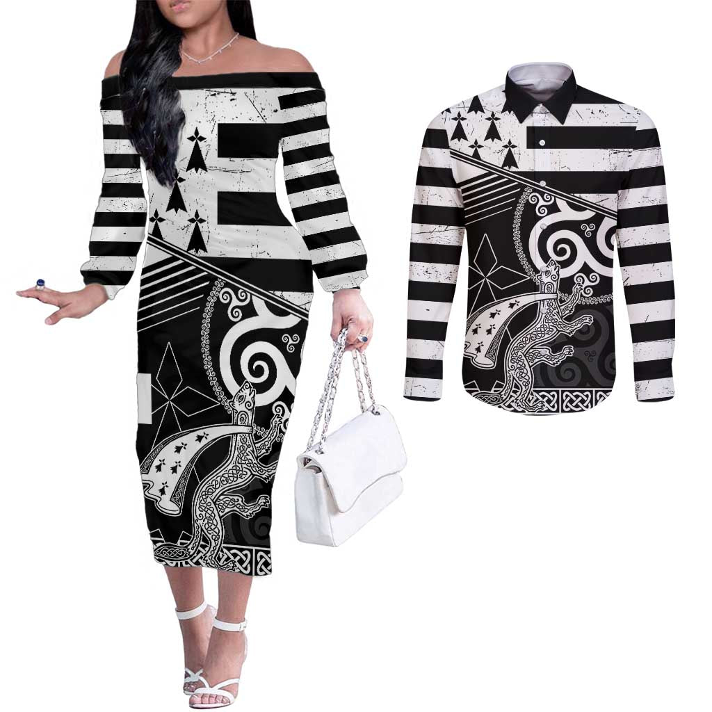 Brittany Ermine Celtic Couples Matching Off The Shoulder Long Sleeve Dress and Long Sleeve Button Shirt Black Celtic Triskels - Wonder Print Shop