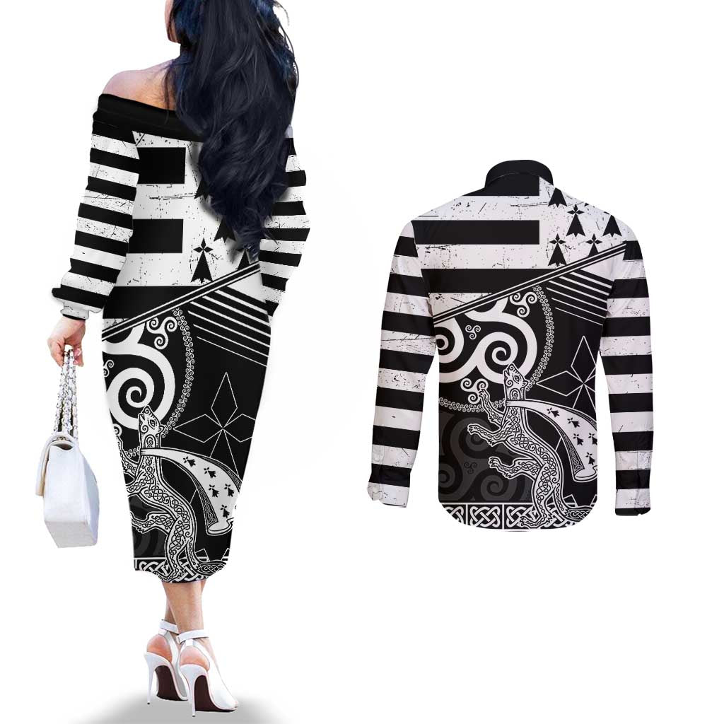 Brittany Ermine Celtic Couples Matching Off The Shoulder Long Sleeve Dress and Long Sleeve Button Shirt Black Celtic Triskels - Wonder Print Shop