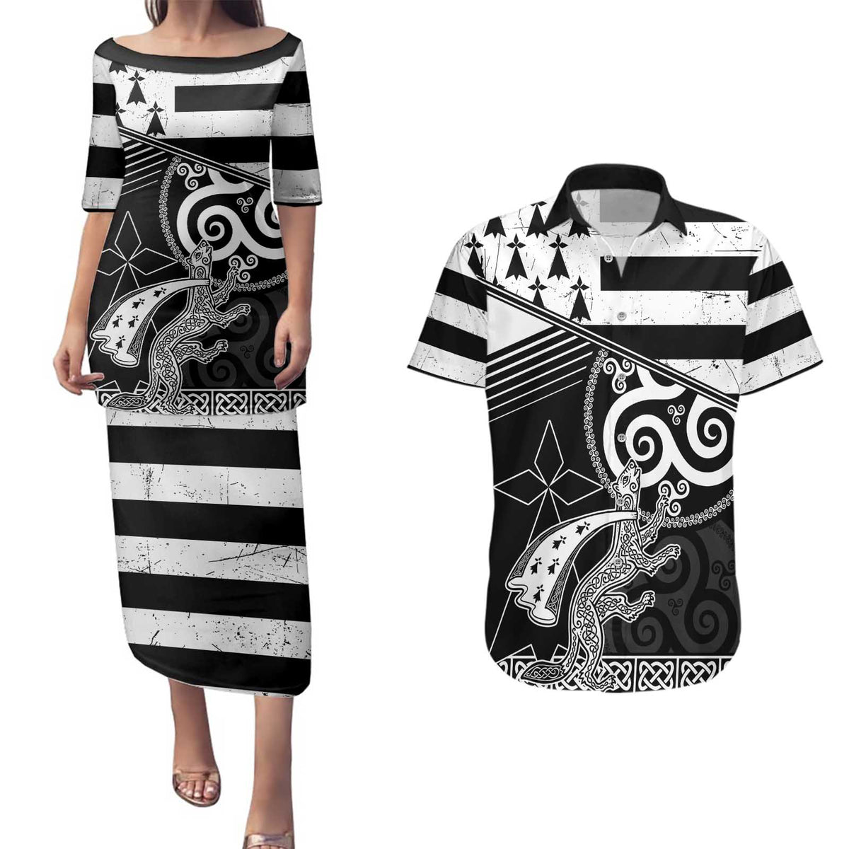 Brittany Ermine Celtic Couples Matching Puletasi and Hawaiian Shirt Black Celtic Triskels - Wonder Print Shop