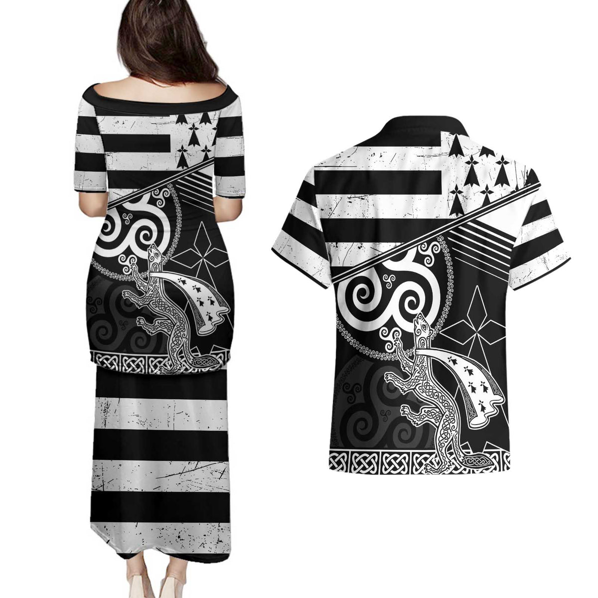 Brittany Ermine Celtic Couples Matching Puletasi and Hawaiian Shirt Black Celtic Triskels - Wonder Print Shop